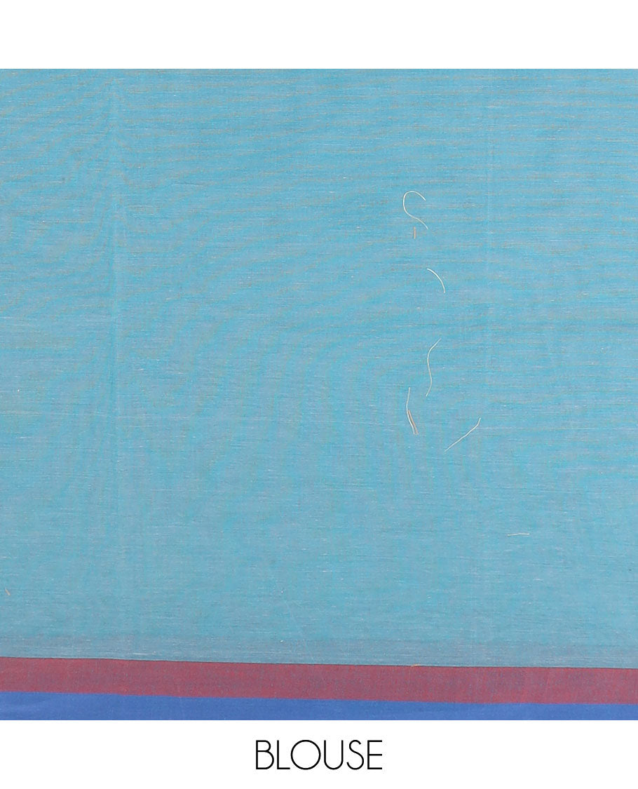 Blue striped and buttas coimbatore cotton saree, contrast border and pallu of floral and geometric patterns