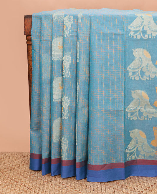 Blue striped and buttas coimbatore cotton saree, contrast border and pallu of floral and geometric patterns
