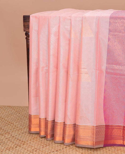 Baby pink geometric motifs semi silk cotton with contrast intricate zari design border & floral vine design pallu