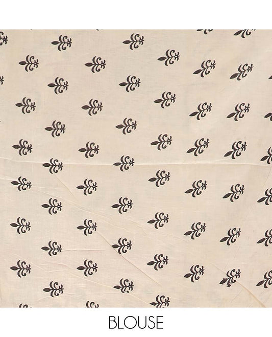 Dark grey floral-peacock machine printed kalamkari cotton saree, contrast lotus printed border, and pallu of floral-peacock print