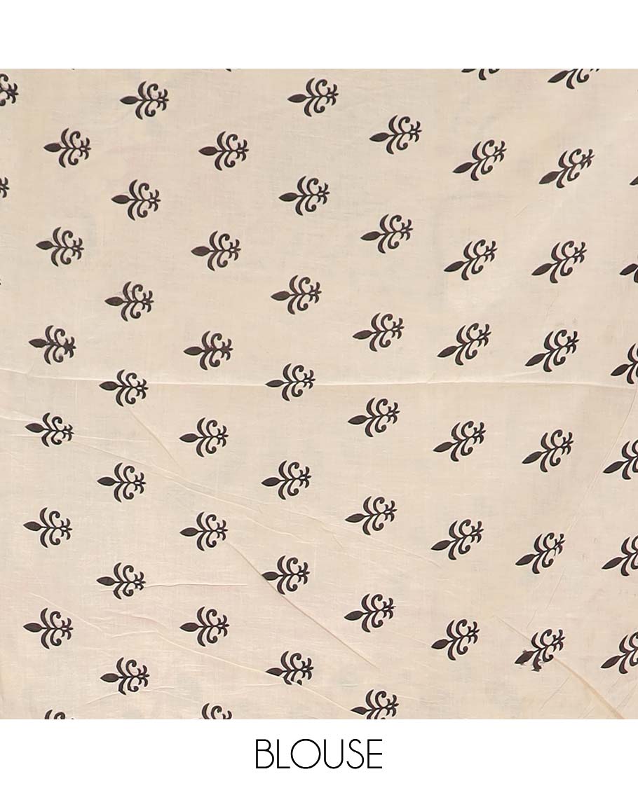 Dark grey floral-peacock machine printed kalamkari cotton saree, contrast lotus printed border, and pallu of floral-peacock print