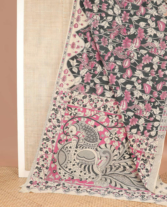 Dark grey floral-peacock machine printed kalamkari cotton saree, contrast lotus printed border, and pallu of floral-peacock print