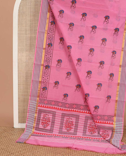 Pink peacock printed chirala cotton saree, peacock motif striped border & pallu of floral & geometric print