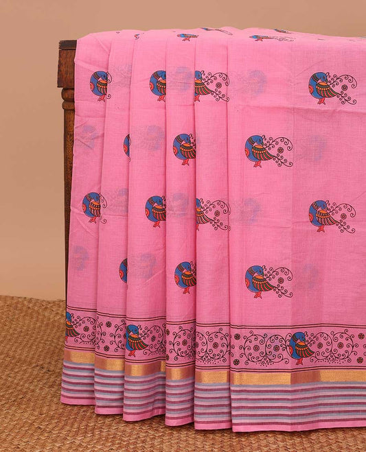 Pink peacock printed chirala cotton saree, peacock motif striped border & pallu of floral & geometric print