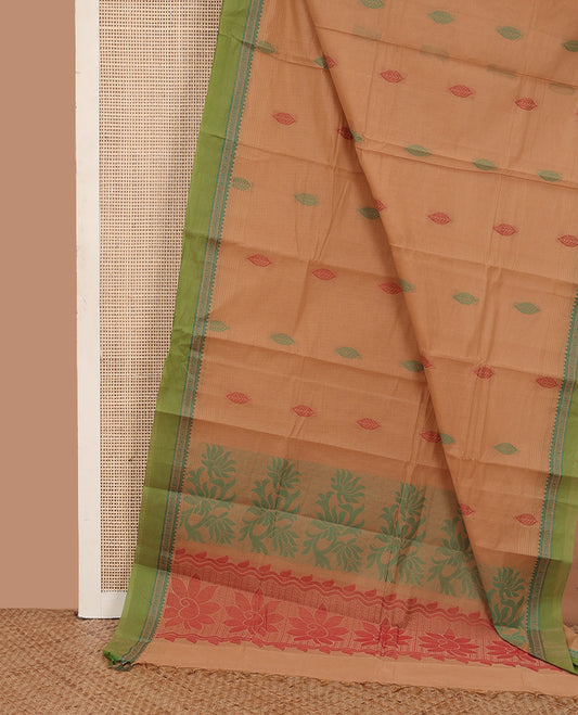 Sandal leaf buttas kanchi cotton saree, contrast thread woven border, and floral design pallu