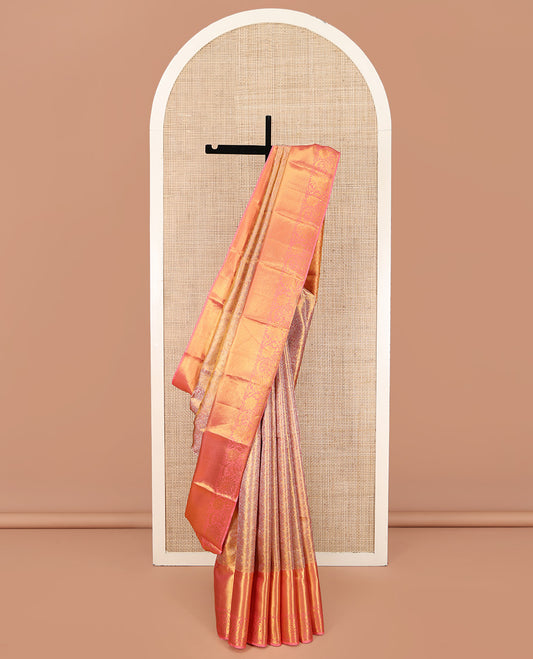 Pink Kanchipuram Silk Saree, Beautifully Bedecked with Jacquard Design All Over Its Body, Highlighted by a Zari Border of Thilakam, Muthu, Diamond, and Kodi Visiry Designs, and Pallu of Jaal Designs, and Paired with a Matching Blouse