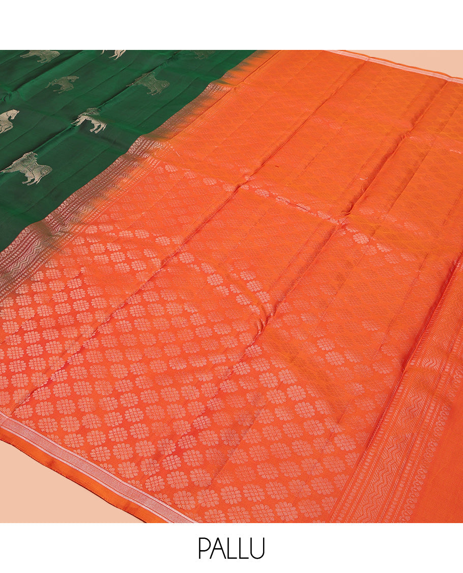 Green Kanchipuram Silk Saree, Crafted with Kuthirai and Pichwai Cow Buttas, a Piping Border, Contrast Intricate Pallu, and a Contrast Blouse
