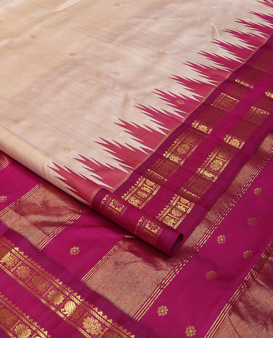 Cream zari buttas Kanchipuram silk saree, contrast thazampoo rekku rettai pettu one-sided border of rekku,banaras,mayil & kamalam designs & zari design pallu