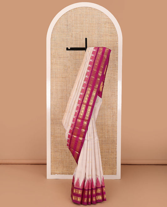 Cream zari buttas Kanchipuram silk saree, contrast thazampoo rekku rettai pettu one-sided border of rekku,banaras,mayil & kamalam designs & zari design pallu