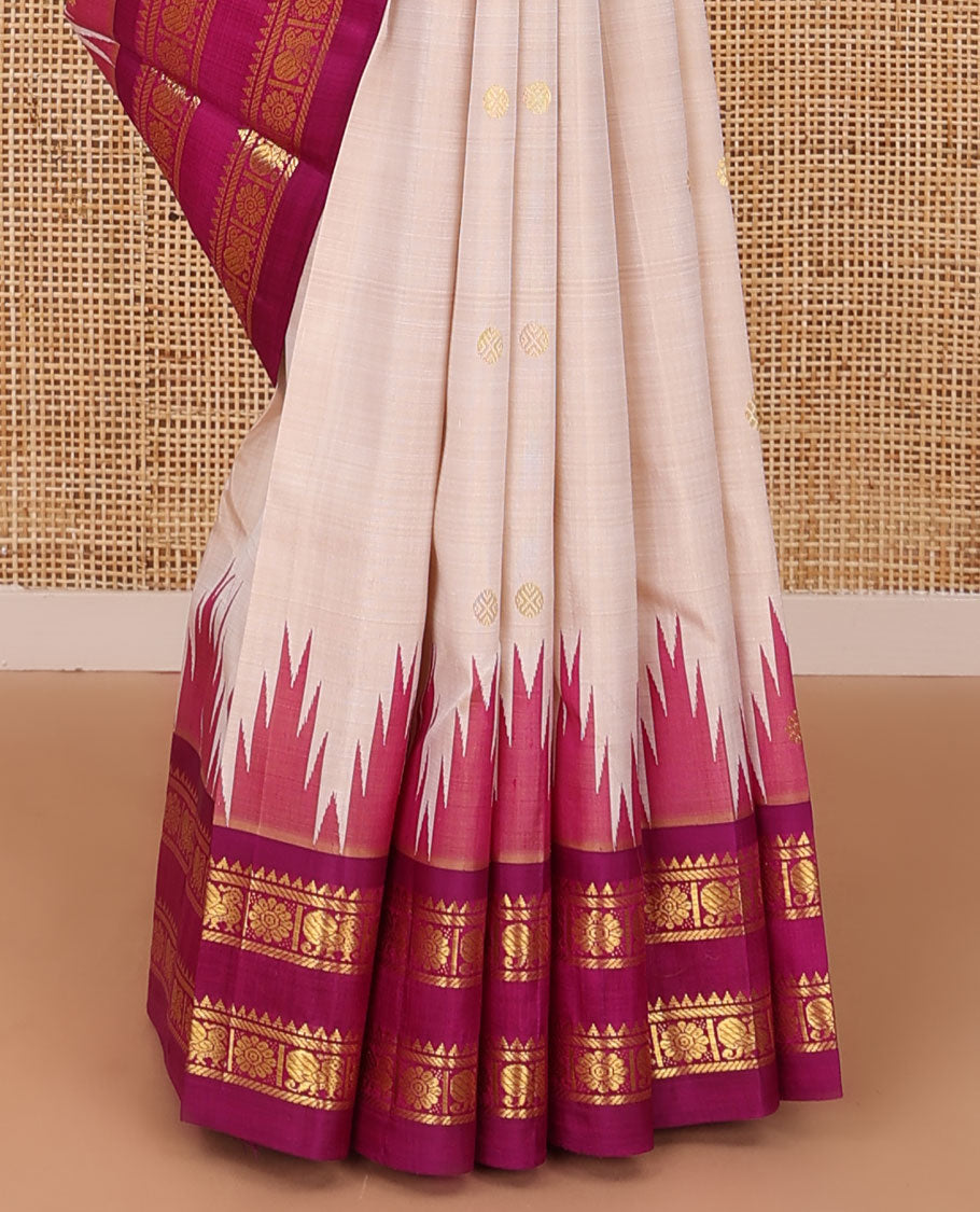 Cream zari buttas Kanchipuram silk saree, contrast thazampoo rekku rettai pettu one-sided border of rekku,banaras,mayil & kamalam designs & zari design pallu