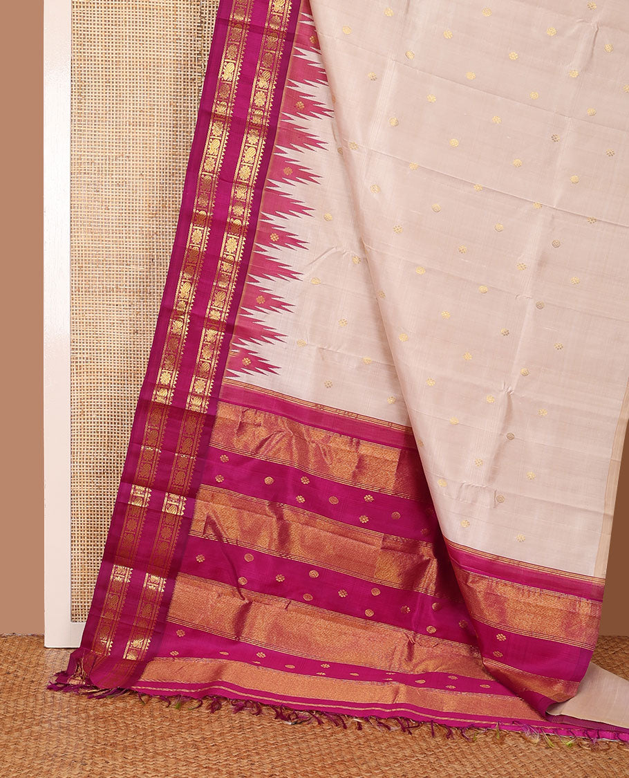 Cream zari buttas Kanchipuram silk saree, contrast thazampoo rekku rettai pettu one-sided border of rekku,banaras,mayil & kamalam designs & zari design pallu
