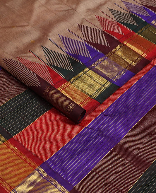 Brown zari buttas Kanchipuram silk saree, contrast multi-colored one-sided thazampoo rekku zari border, and multi-colored zari striped pallu