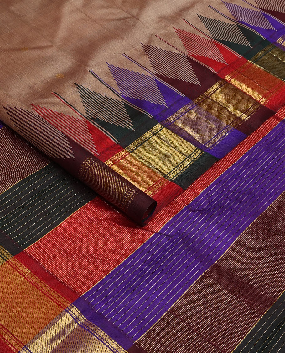 Brown zari buttas Kanchipuram silk saree, contrast multi-colored one-sided thazampoo rekku zari border, and multi-colored zari striped pallu