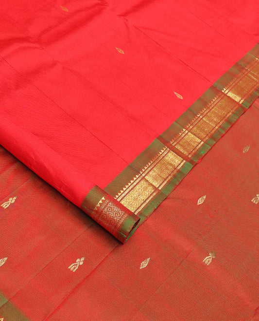 Red zari buttas Kanchipuram silk saree, contrast one-sided border of rekku, and mayil kann designs, zari design pallu
