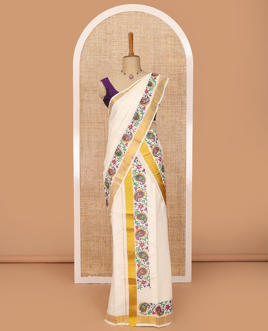Cream colorful Paisley vine printed Kerala mundu set with zari border