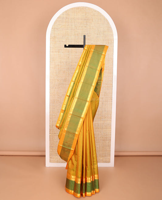 Mustasd striped kancheepuram silk saree with contrast intricate zari design border & striped pallu