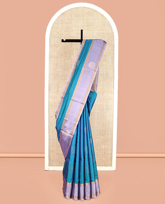 Blue Mayuri Lite Silk Mix Saree, Majestically Detailed with Buttas and Stripes, Complemented by Contrast Unique Design Border, Sparsely Woven Pallu, and Contrast Blouse