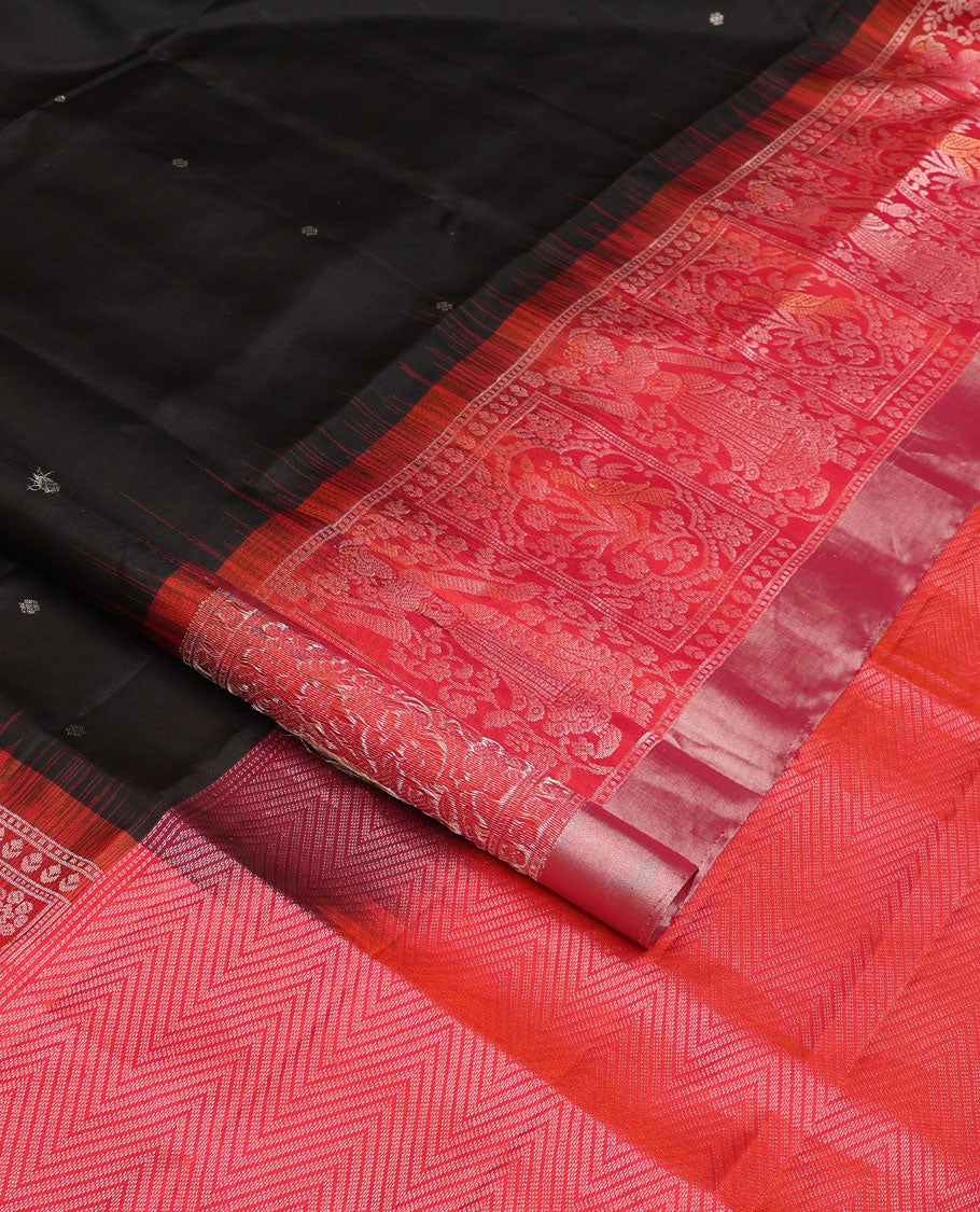 Black zari buttas soft silk saree, contrast floral & human motifs woven zari border & chevron striped pallu