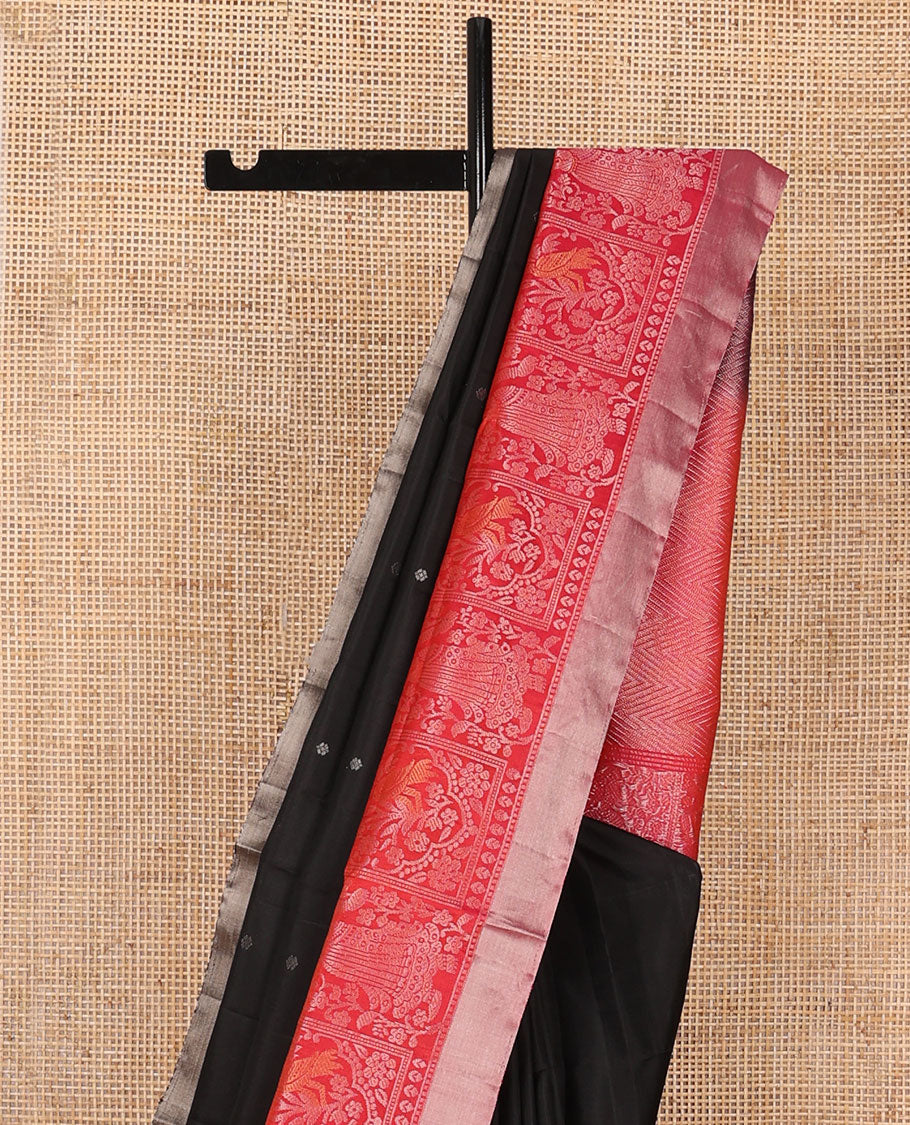 Black zari buttas soft silk saree, contrast floral & human motifs woven zari border & chevron striped pallu