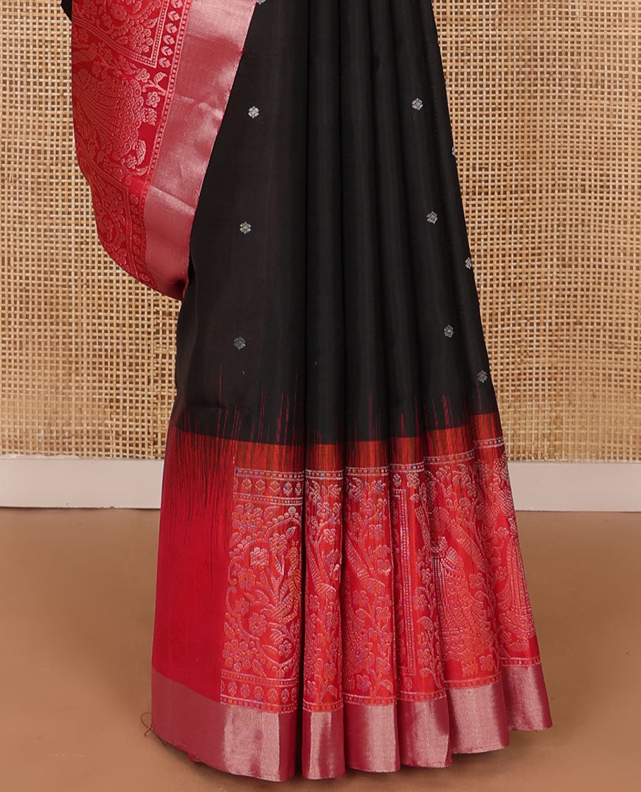 Black zari buttas soft silk saree, contrast floral & human motifs woven zari border & chevron striped pallu