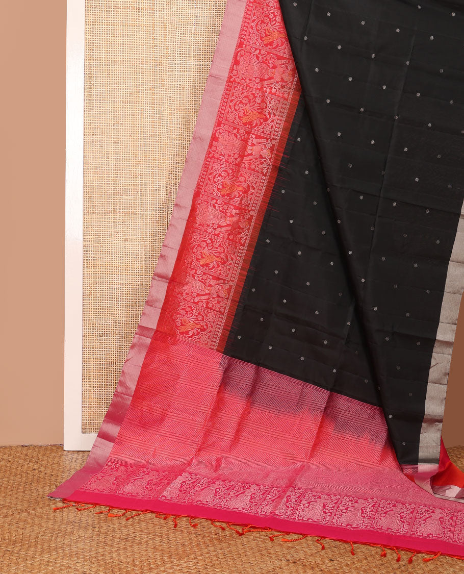 Black zari buttas soft silk saree, contrast floral & human motifs woven zari border & chevron striped pallu
