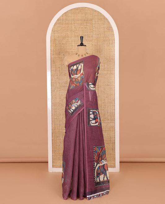 Wine plain linen cotton saree, mordern art style elephant motifs printed border, elephant printed pallu, and a leaf printed blouse