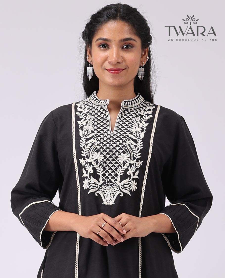 Black floral thread embroidery, v neck , 3/4 th sleeve, knee length with straight pants