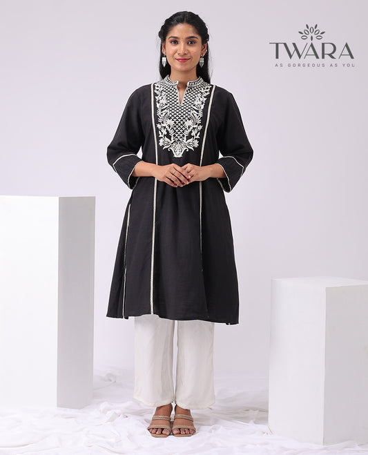 Black floral thread embroidery, v neck , 3/4 th sleeve, knee length with straight pants