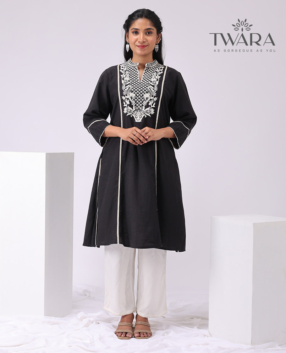 Black floral thread embroidery, v neck , 3/4 th sleeve, knee length with straight pants
