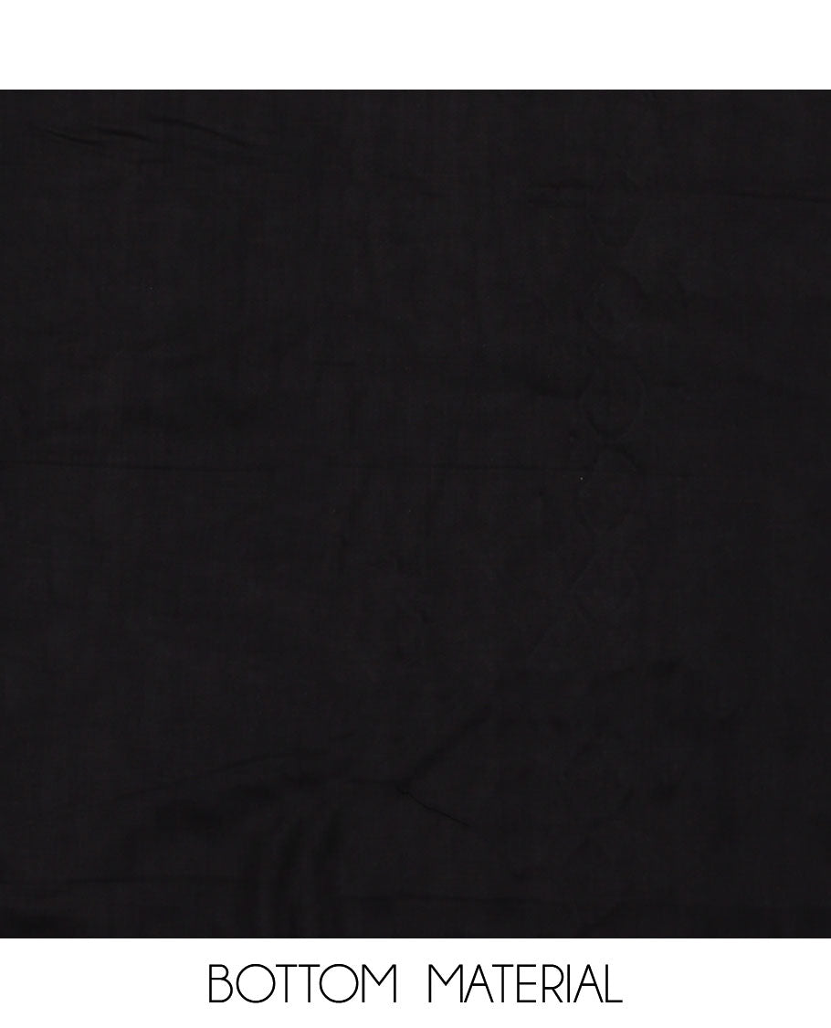 Cream and black material chudidar set, block printed with neck work top, contrast plain bottom, and intricately block printed dupatta