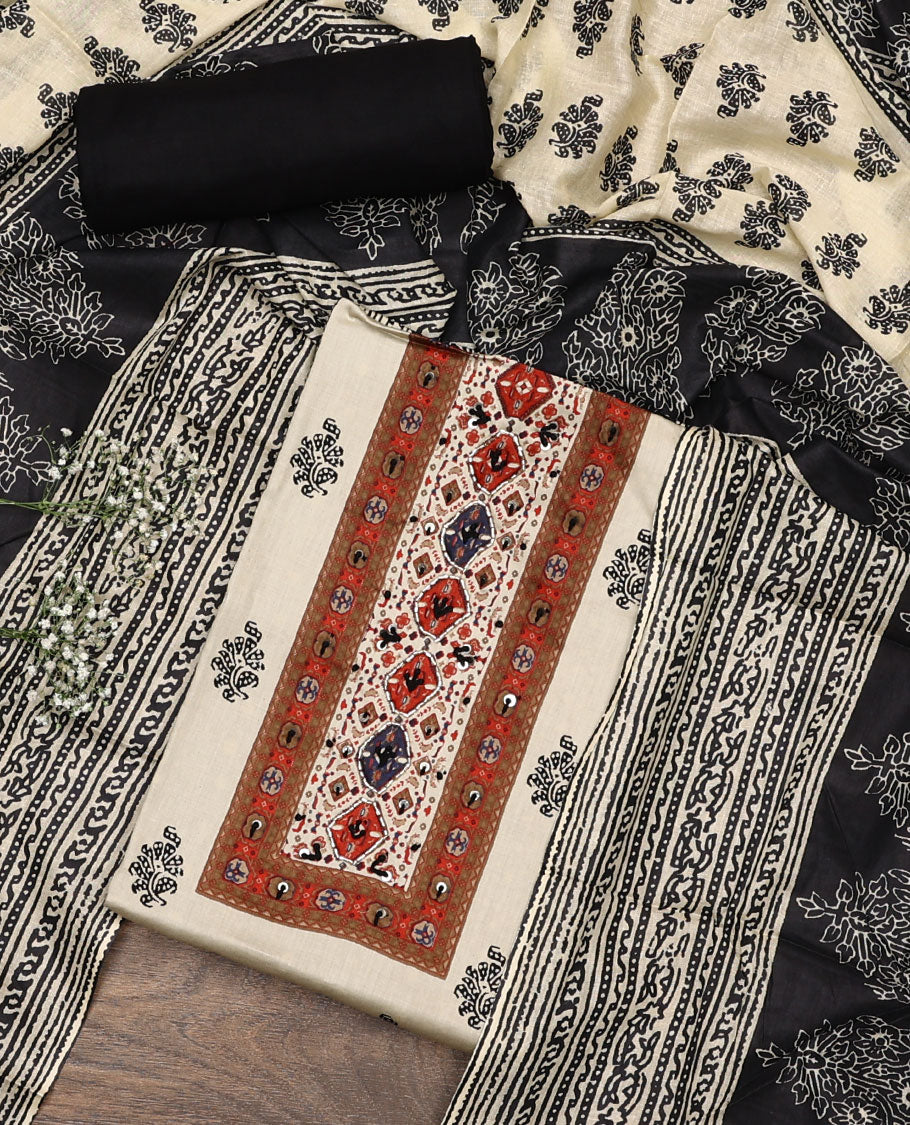 Cream and black material chudidar set, block printed with neck work top, contrast plain bottom, and intricately block printed dupatta