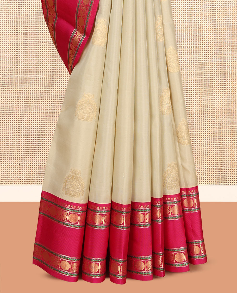 Sandal Vasundhara Lite Silk Mix Saree, Subtly Sparkled with Zari Buttas, a Contrast Ganga-Jamuna Rettai Pettu Border of Salngai, Neli, Mayil and Poun Designs, Grand Pallu, and a Contrast Blouse