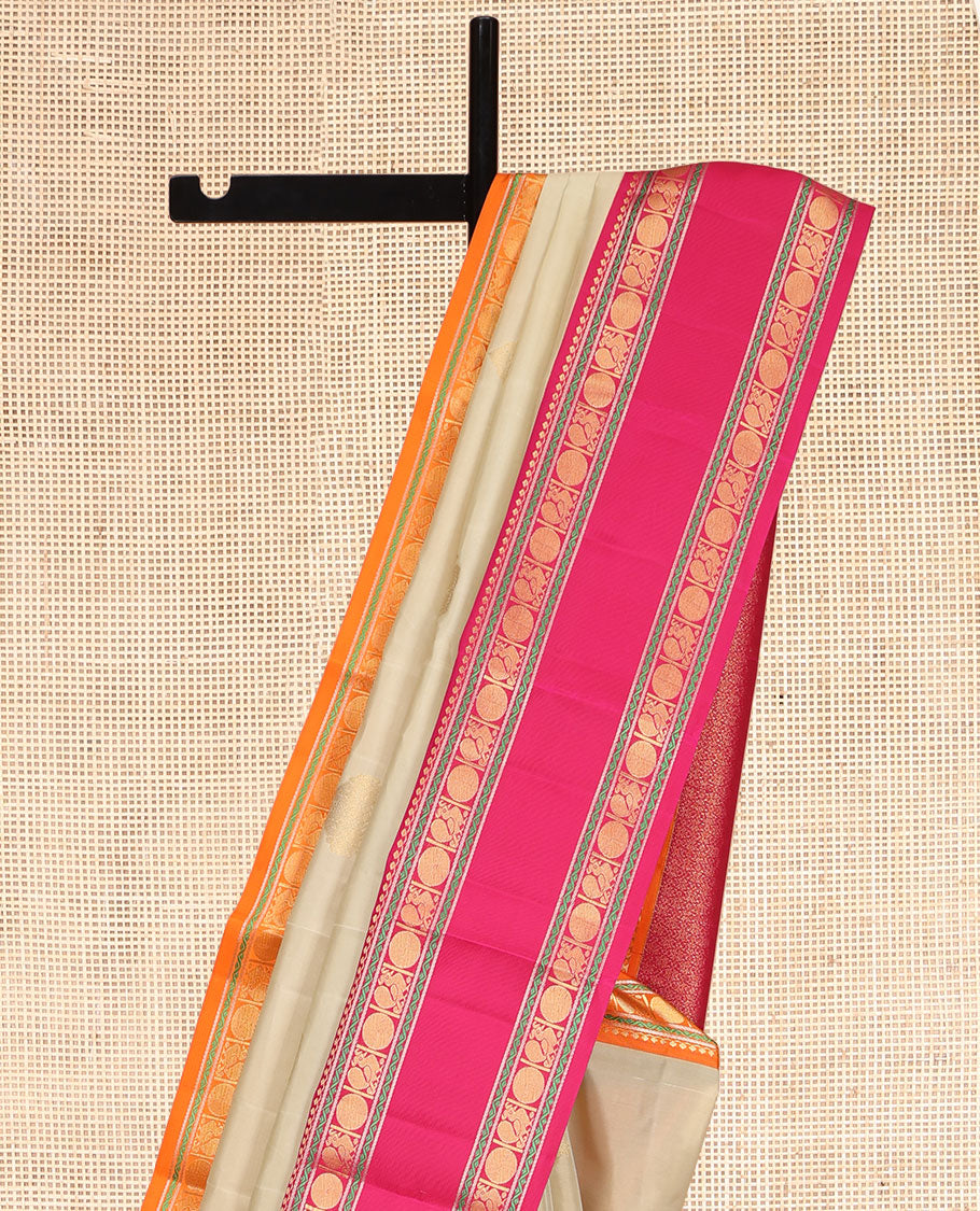 Sandal Vasundhara Lite Silk Mix Saree, Subtly Sparkled with Zari Buttas, a Contrast Ganga-Jamuna Rettai Pettu Border of Salngai, Neli, Mayil and Poun Designs, Grand Pallu, and a Contrast Blouse
