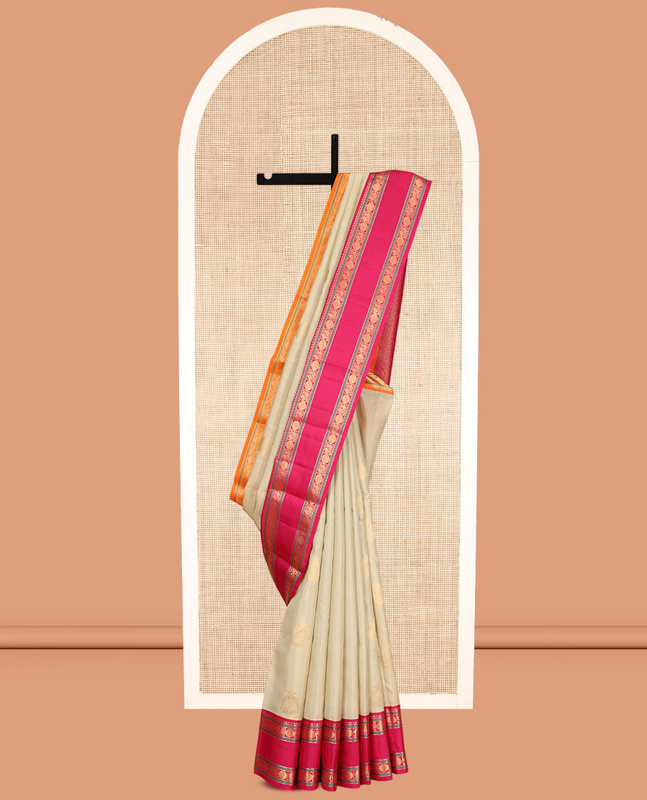 Sandal Vasundhara Lite Silk Mix Saree, Subtly Sparkled with Zari Buttas, a Contrast Ganga-Jamuna Rettai Pettu Border of Salngai, Neli, Mayil and Poun Designs, Grand Pallu, and a Contrast Blouse