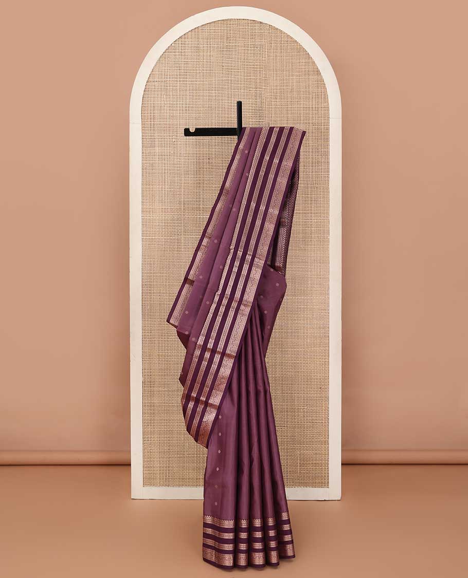 Brown silk saree with zari buttas, contrast border of manga, muthu, banaras, diamonds, and zari designs, and jaal pallu