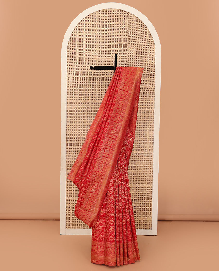 Red jacquard wedding silk saree, zari border of neli, kodi visiry, arumbu manga, and vanki designs, and floral jaal pallu