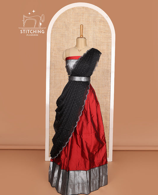 Red half-saree, plain with contrast traditional zari bordered skirt, matching blouse, and contrast scallop micro stone work dhavani