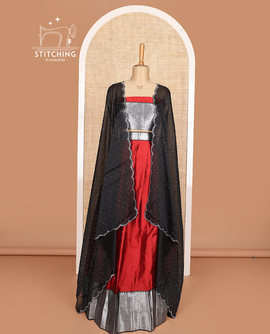 Red half-saree, plain with contrast traditional zari bordered skirt, matching blouse, and contrast scallop micro stone work dhavani