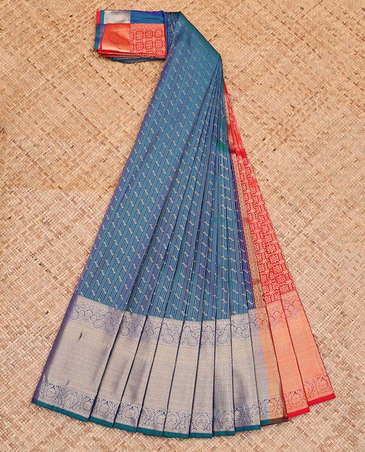 Blue Budget Silk Saree, Enriched with Zari Buttas and Stripes All Over Its Body, Complemented by Contrast Traditional Zari Designs Rettai Pettu Border, Grand Jaal Pallu and Paired with a Contrast Blouse