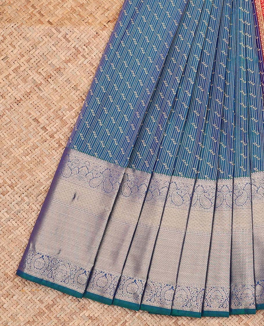 Blue Budget Silk Saree, Enriched with Zari Buttas and Stripes All Over Its Body, Complemented by Contrast Traditional Zari Designs Rettai Pettu Border, Grand Jaal Pallu and Paired with a Contrast Blouse