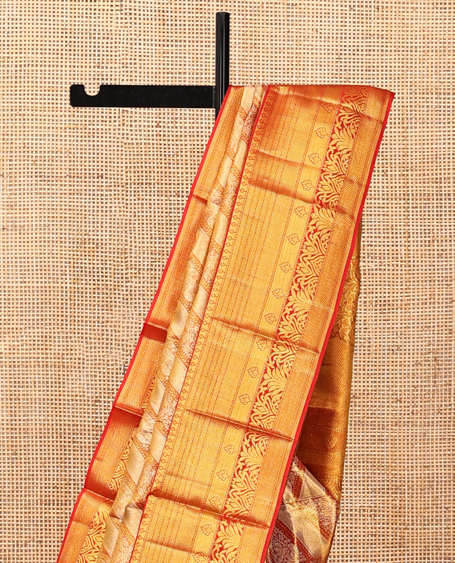 Orange Jacquard Kanchipuram Tissue Silk Saree, Complemented by a Contrast Traditional Zari Border, Grand Pallu, and a Matching Blouse