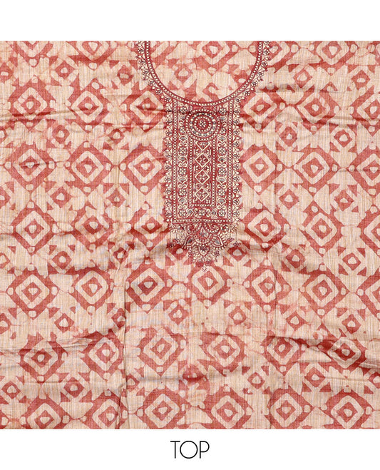 Light brown material chudidar set, batik style printed with neck embroidered top, contrast plain bottom, and batik printed dupatta