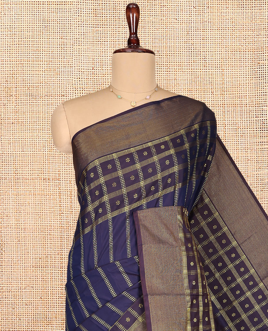 Navy Blue Aarani Gift Saree, Detailed with Flower Butta Enclosed Checked Design, Subtle Self-Border, Pallu of Stripes, and Paired with a Matching Blouse