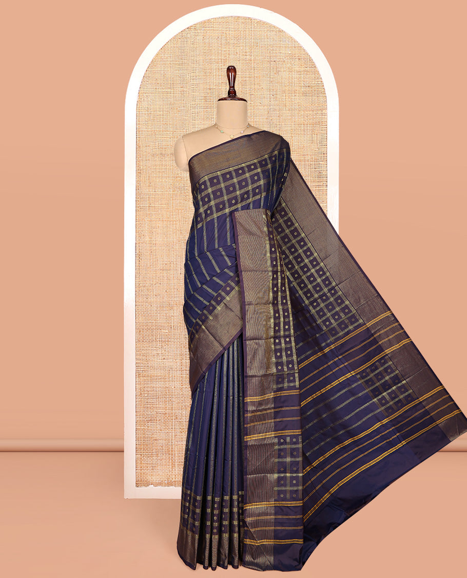 Navy Blue Aarani Gift Saree, Detailed with Flower Butta Enclosed Checked Design, Subtle Self-Border, Pallu of Stripes, and Paired with a Matching Blouse