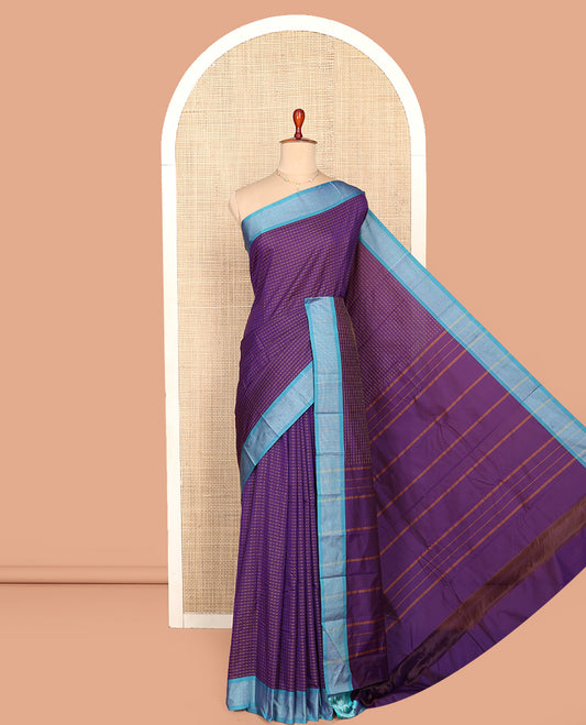 Violet Aarani Silk Saree, Embellished with Plus-Shaped Zari Buttas All Over Its Body, Complemented by a Contrast Zari Border, Pallu of Stripes, and Paired with a Matching Blouse