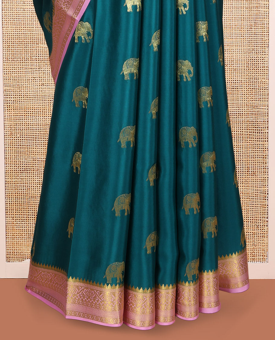 Blue Mysore Silk Saree, Adorned with Elephant Buttas, Complemented by a Contrast Traditional Zari Border, Grand Pallu, and a Contrast Blouse