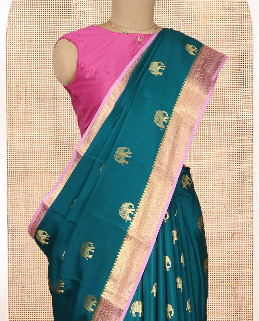 Blue Mysore Silk Saree, Adorned with Elephant Buttas, Complemented by a Contrast Traditional Zari Border, Grand Pallu, and a Contrast Blouse