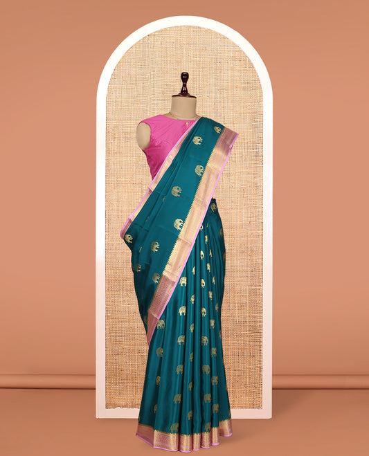 Blue Mysore Silk Saree, Adorned with Elephant Buttas, Complemented by a Contrast Traditional Zari Border, Grand Pallu, and a Contrast Blouse