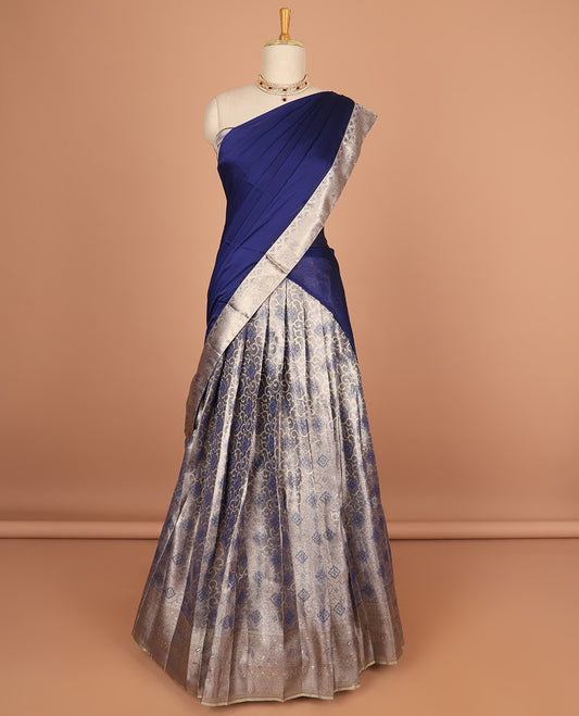 Grey floral jacquard half saree with self floral zaei design border , zari design blouse & plain, zari design border dhavani