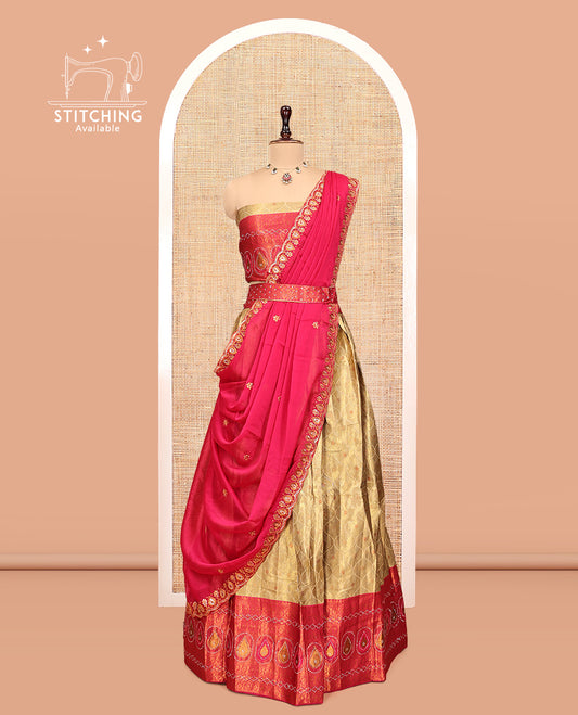 Gold-Pink Banarasi Half-Saree, Bedecked with Butta Enclosed Ogee Design, a Contrast Traditional Zari Stone Work Border, a Matching Blouse, and a Contrast Embroidered Dhavani